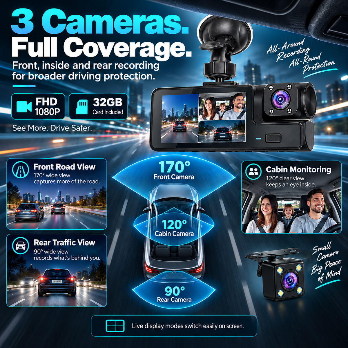 🎉3-Camera 1080P Full HD Car Dash Cam