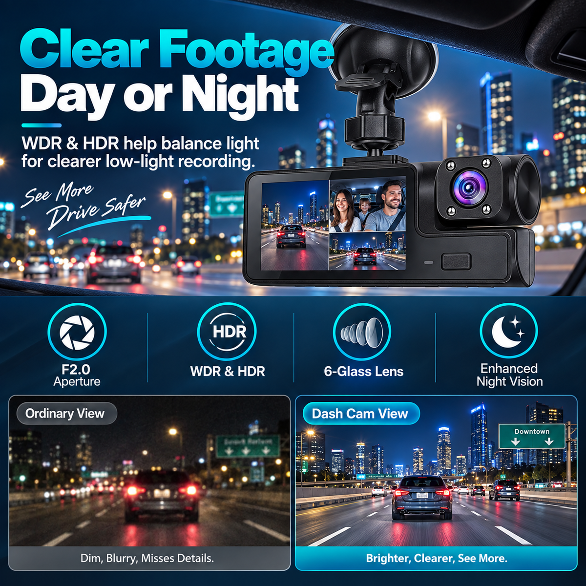 🎉3-Camera 1080P Full HD Car Dash Cam
