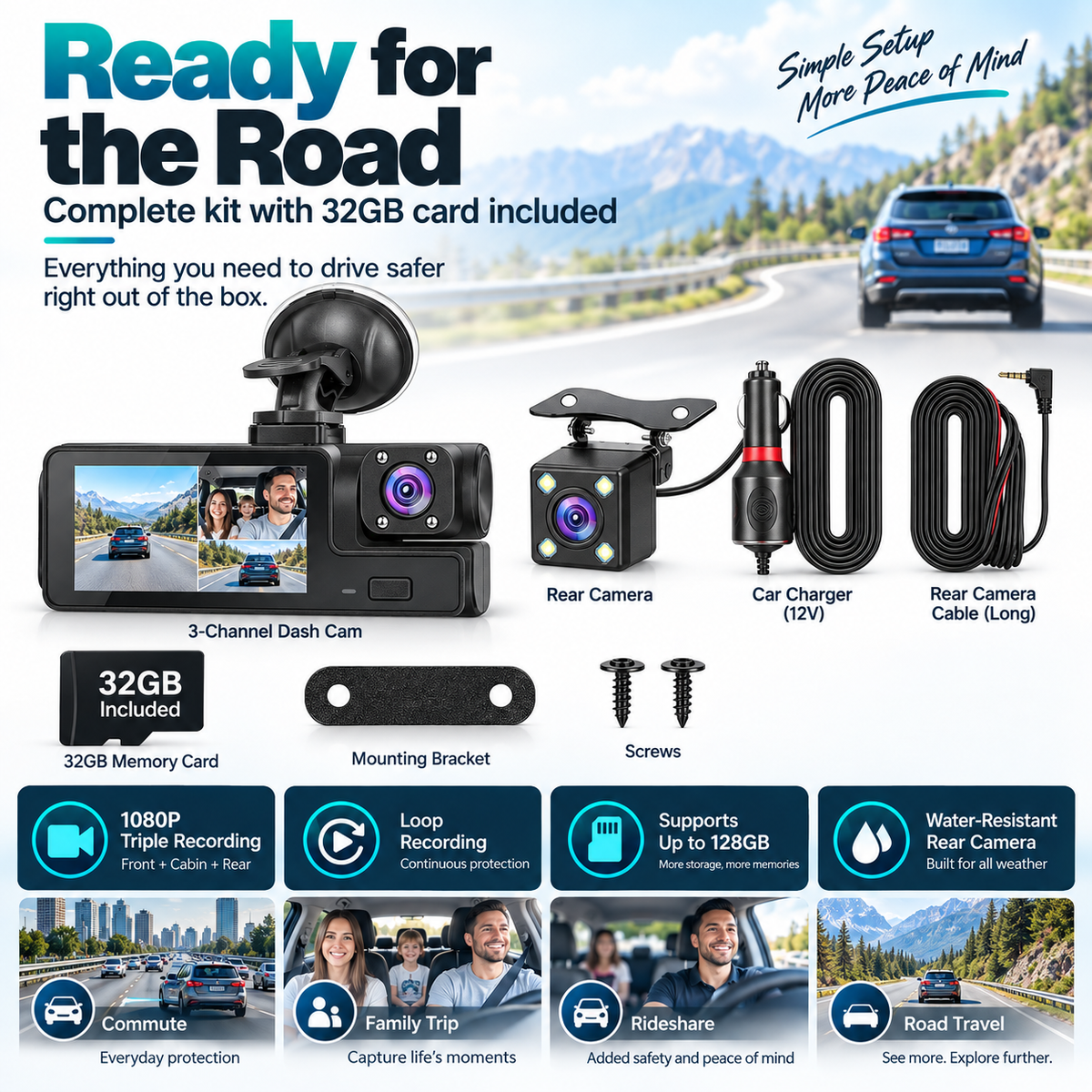 🎉3-Camera 1080P Full HD Car Dash Cam