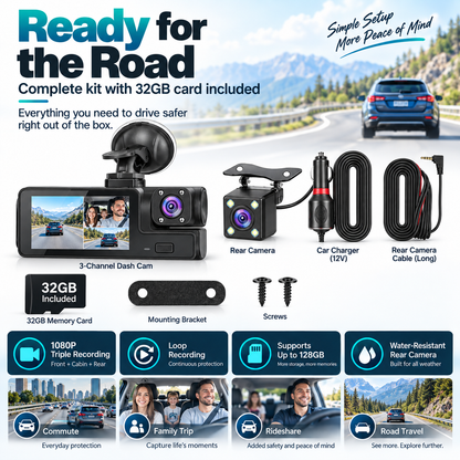 🎉3-Camera 1080P Full HD Car Dash Cam