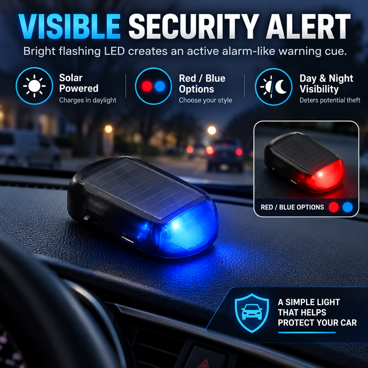 ❤️ Solar LED Car Security Warning Lights Red + Blue Set