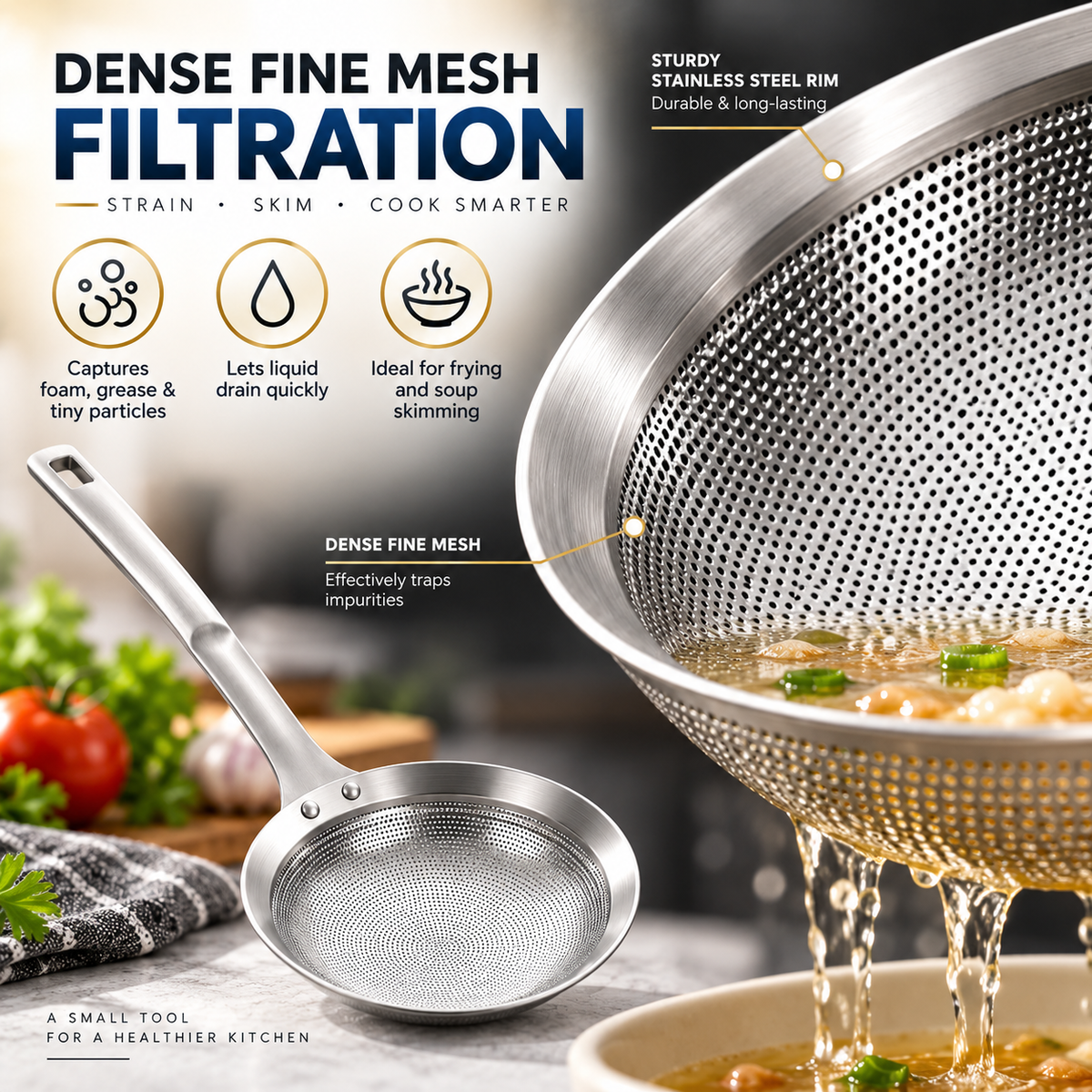 Filter Scoop SUS304 Stainless Steel Fat Skimmer Spoon