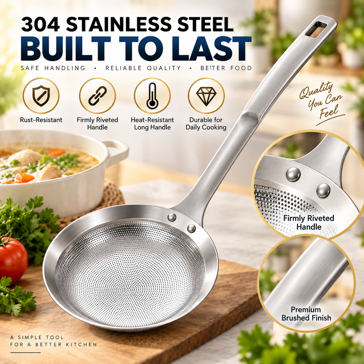 Filter Scoop SUS304 Stainless Steel Fat Skimmer Spoon