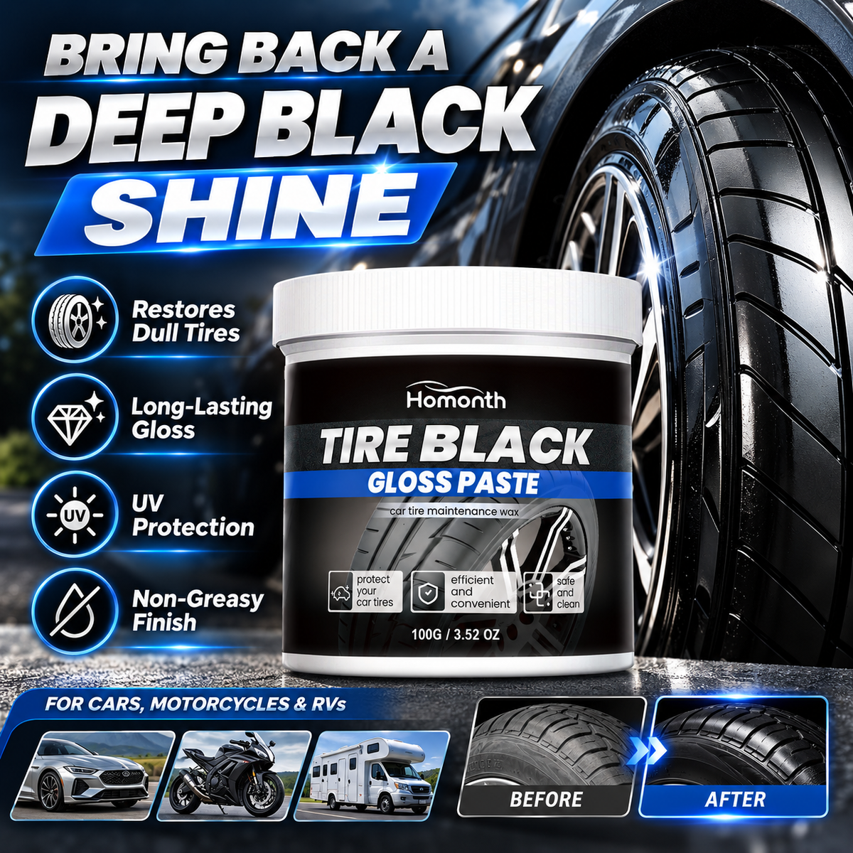 ❤️Tire Gloss Restorer – Deep Black Shine & UV Protection