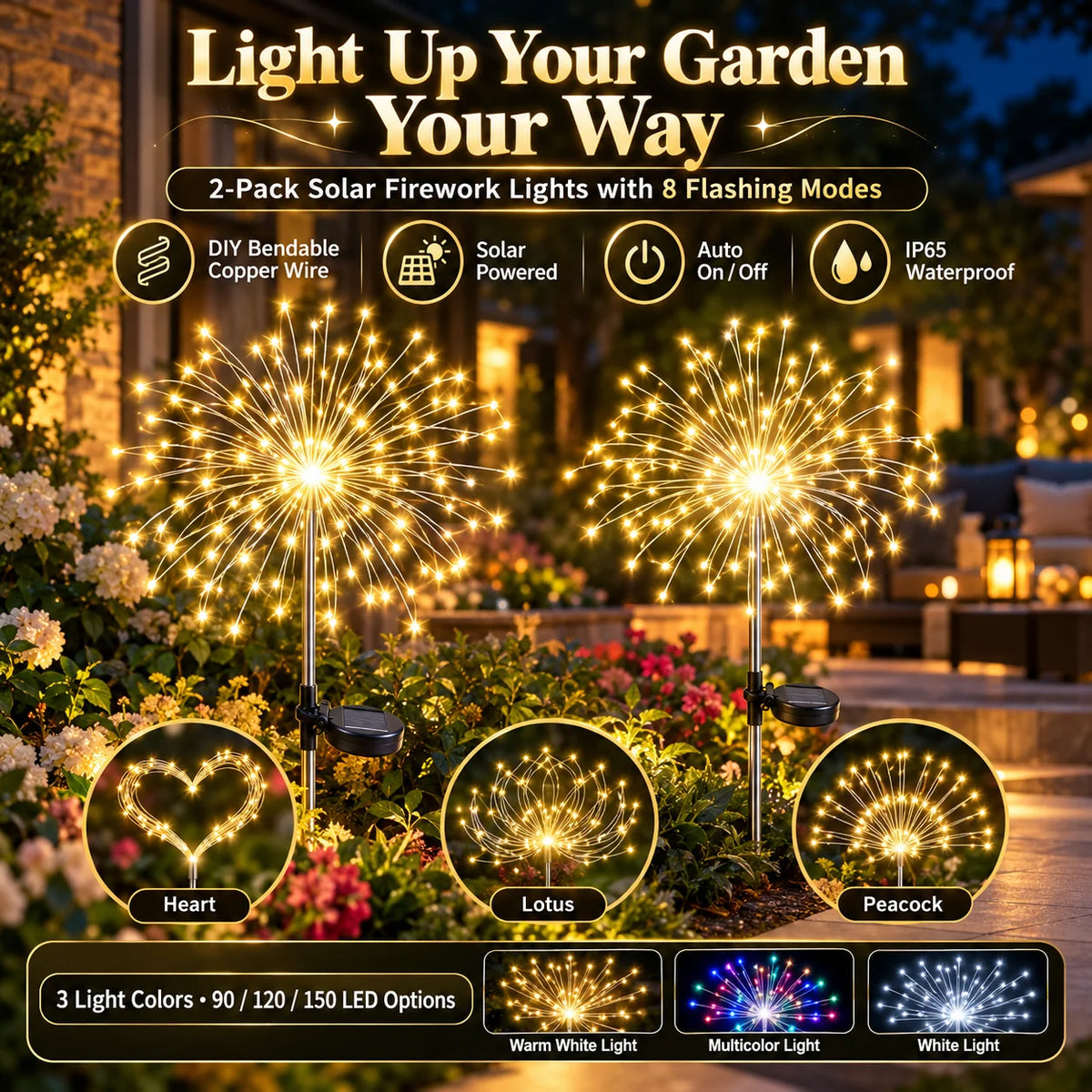 🎁2-Pack Solar Firework Lights With 8 Lighting Modes
