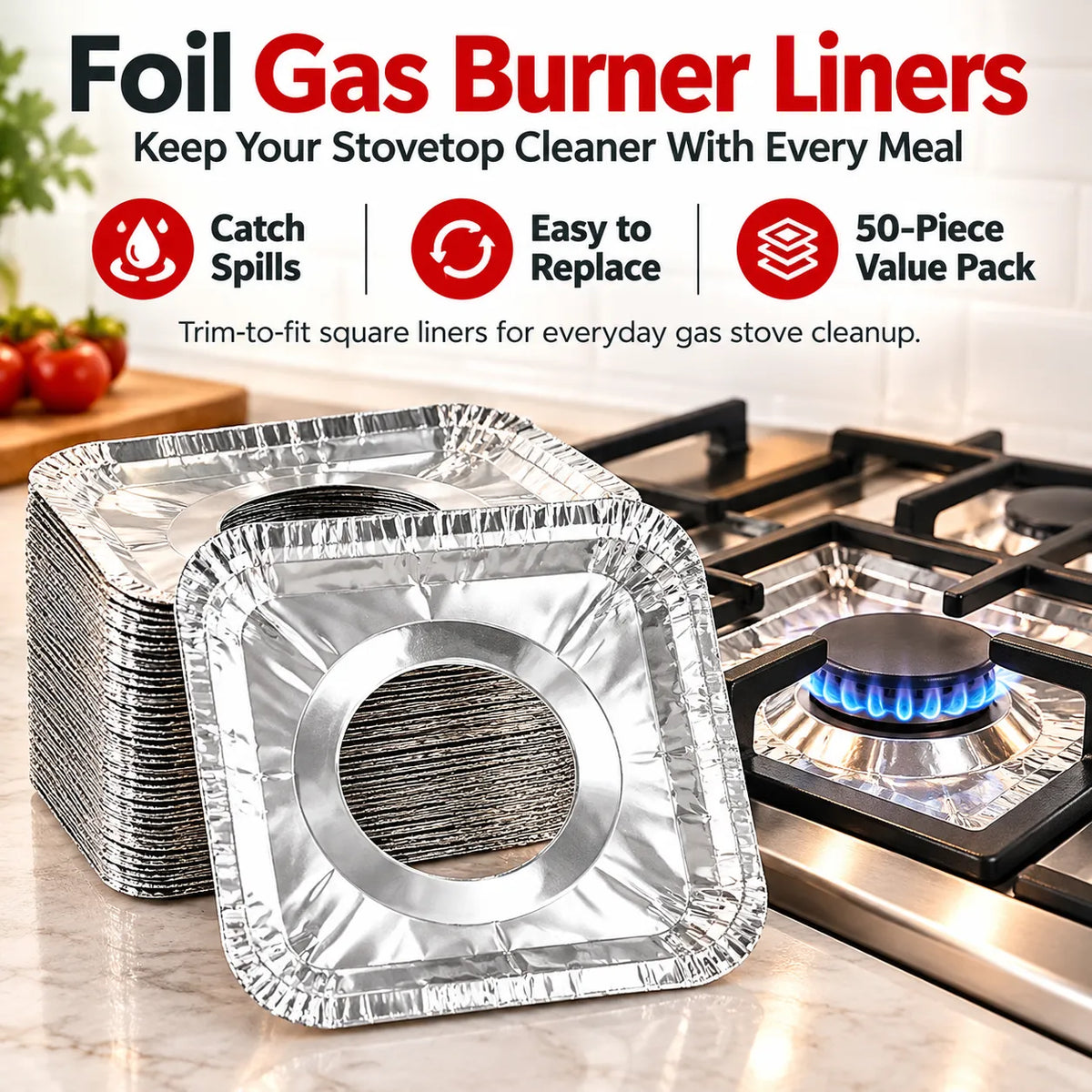 🎁50-Piece Aluminum Foil Stove Burner Liners – Easy-Clean Gas Stove Protectors