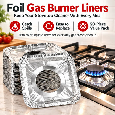 🎁50-Piece Aluminum Foil Stove Burner Liners – Easy-Clean Gas Stove Protectors