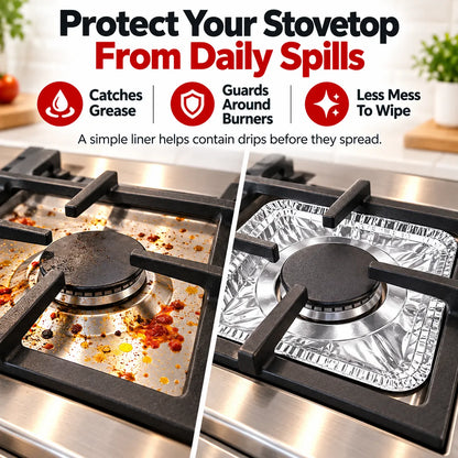🎁50-Piece Aluminum Foil Stove Burner Liners – Easy-Clean Gas Stove Protectors