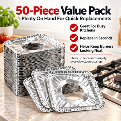 🎁50-Piece Aluminum Foil Stove Burner Liners – Easy-Clean Gas Stove Protectors