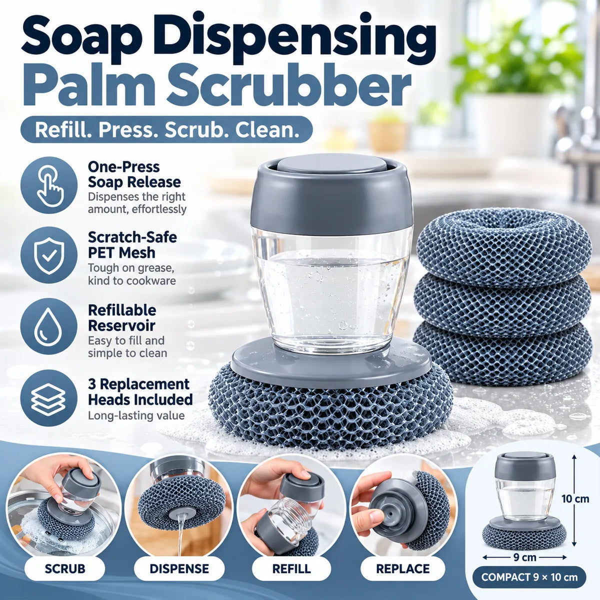 🎁Soap Dispensing Palm Scrubber – Refillable Dish Cleaning Brush with 3 Replacement Heads