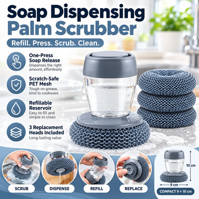 🎁Soap Dispensing Palm Scrubber – Refillable Dish Cleaning Brush with 3 Replacement Heads