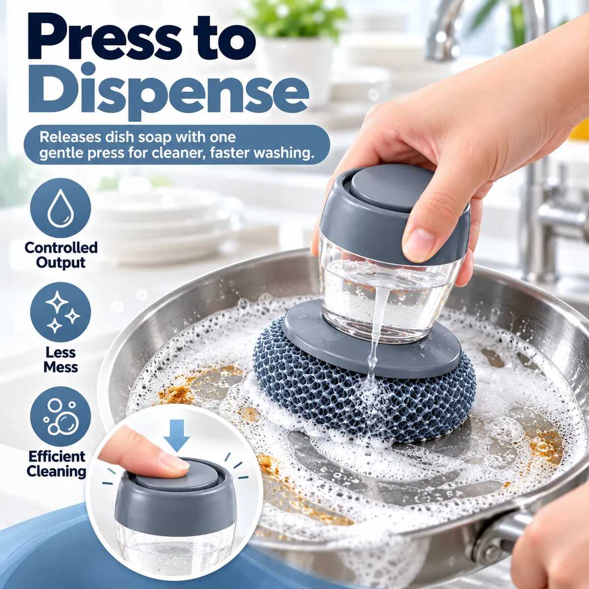 🎁Soap Dispensing Palm Scrubber – Refillable Dish Cleaning Brush with 3 Replacement Heads