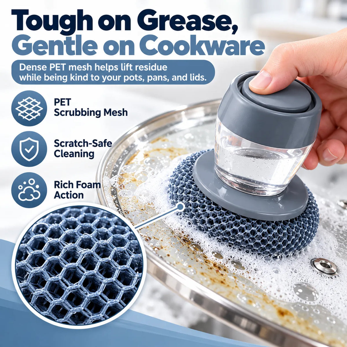 🎁Soap Dispensing Palm Scrubber – Refillable Dish Cleaning Brush with 3 Replacement Heads