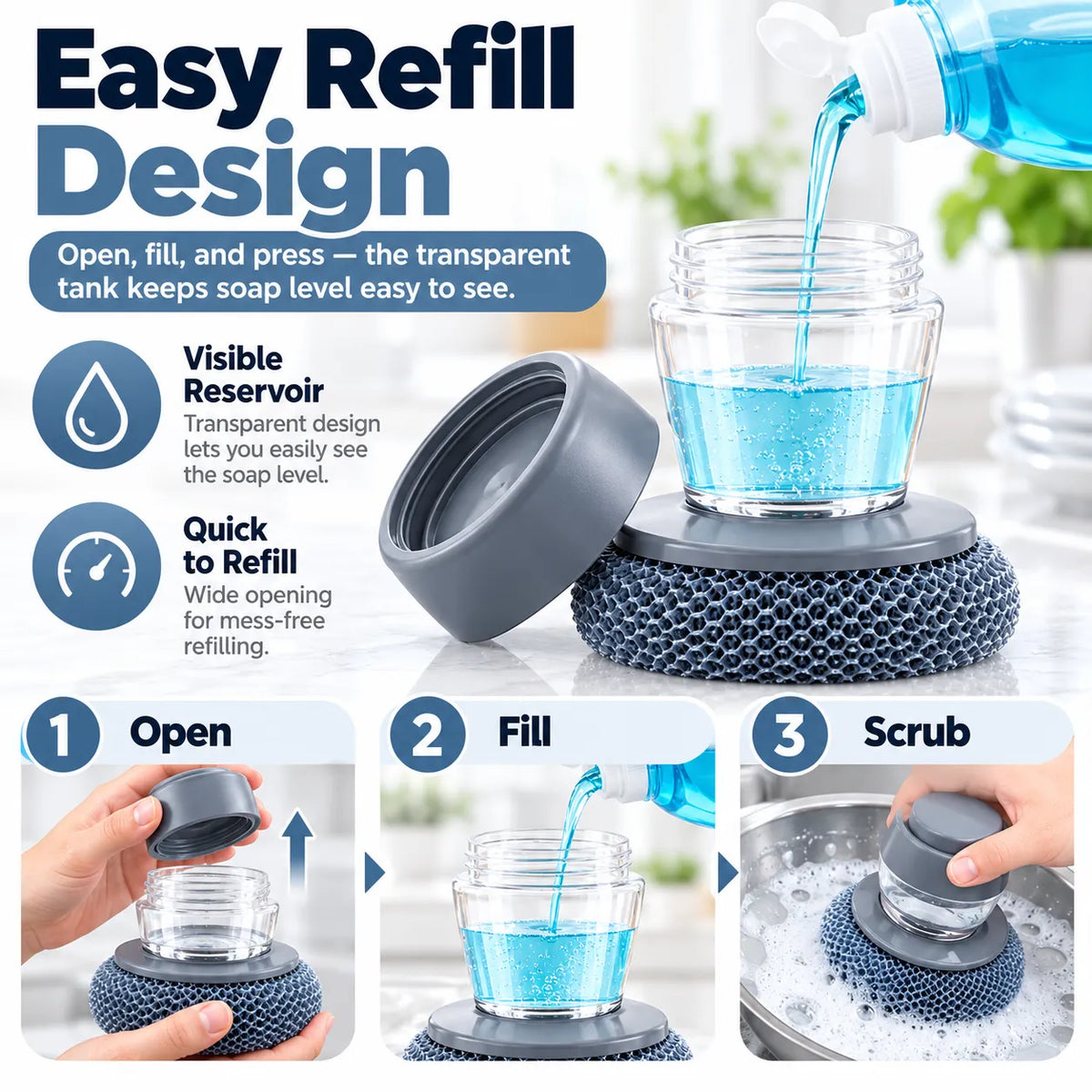 🎁Soap Dispensing Palm Scrubber – Refillable Dish Cleaning Brush with 3 Replacement Heads