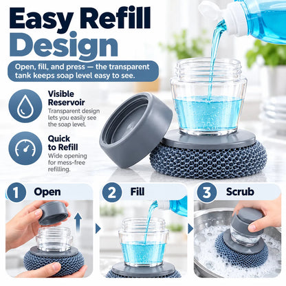 🎁Soap Dispensing Palm Scrubber – Refillable Dish Cleaning Brush with 3 Replacement Heads