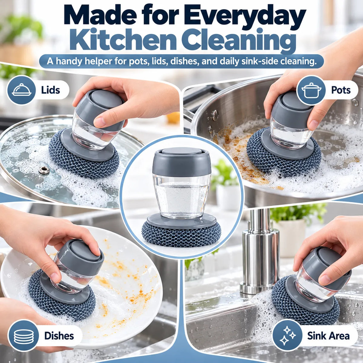 🎁Soap Dispensing Palm Scrubber – Refillable Dish Cleaning Brush with 3 Replacement Heads