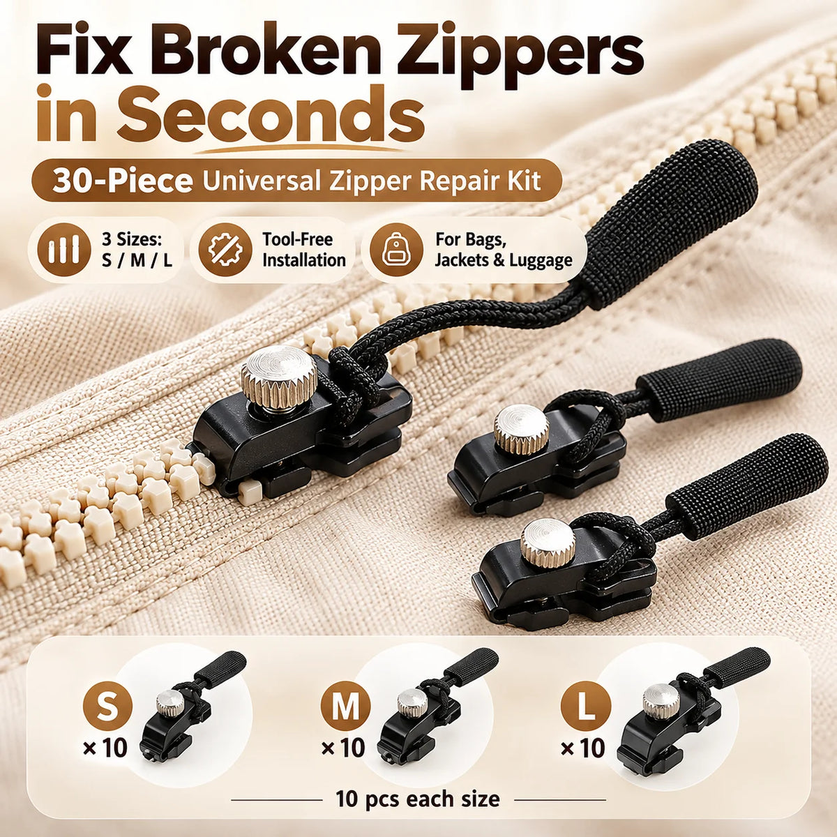 🎁30-Piece Tool-Free Zipper Repair Kit in 3 Sizes