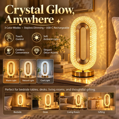 🎁Crystal Glow Bedside Lamp – 3-Color Dimmable Touch Light, USB-C Rechargeable