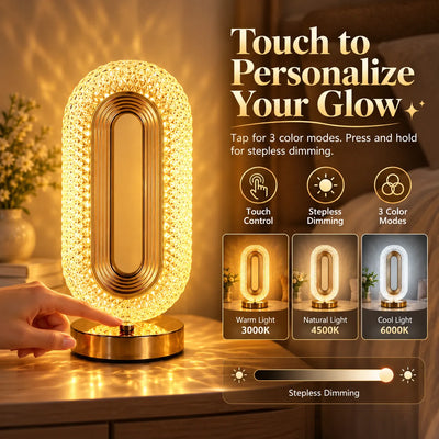 🎁Crystal Glow Bedside Lamp – 3-Color Dimmable Touch Light, USB-C Rechargeable
