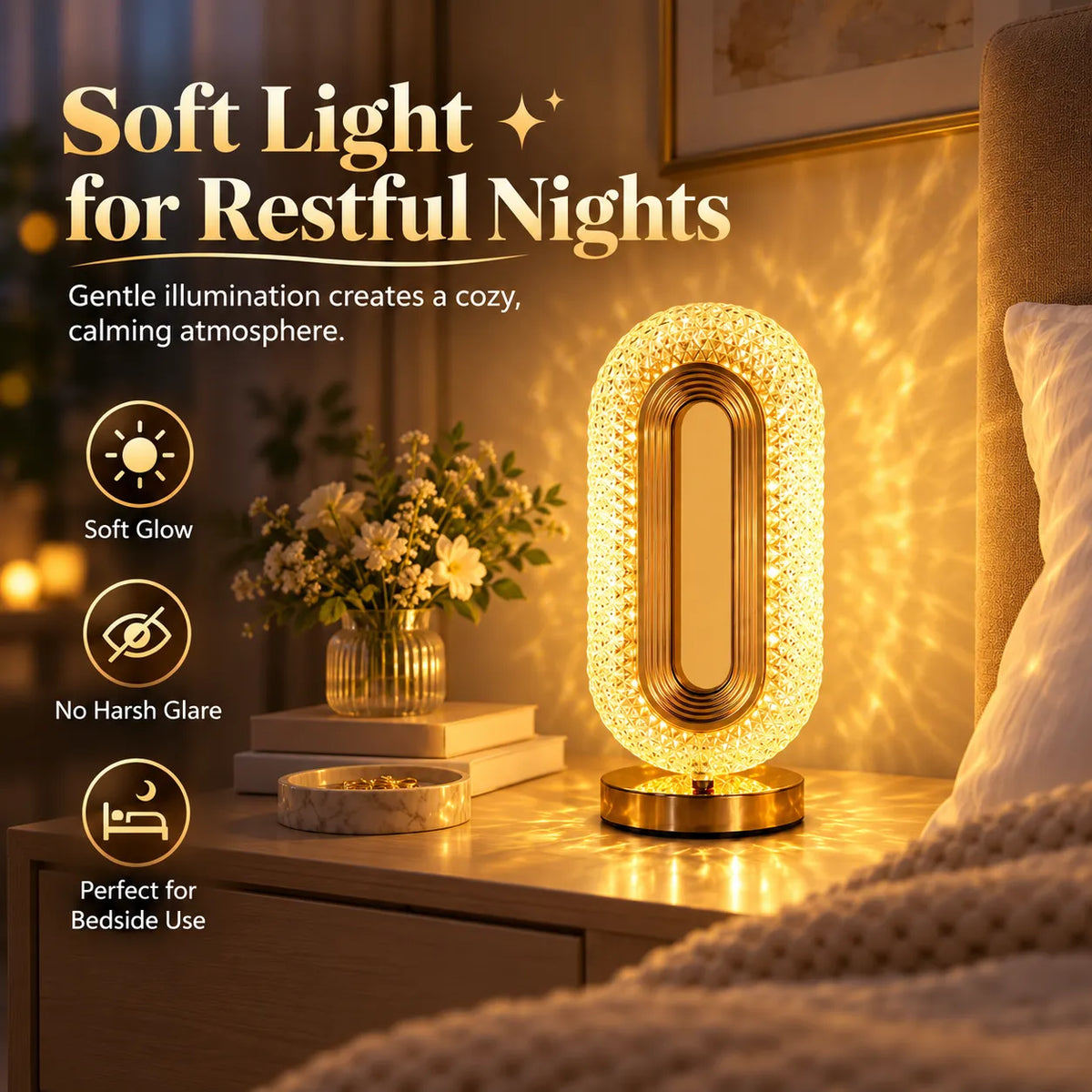 🎁Crystal Glow Bedside Lamp – 3-Color Dimmable Touch Light, USB-C Rechargeable