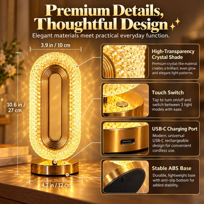 🎁Crystal Glow Bedside Lamp – 3-Color Dimmable Touch Light, USB-C Rechargeable