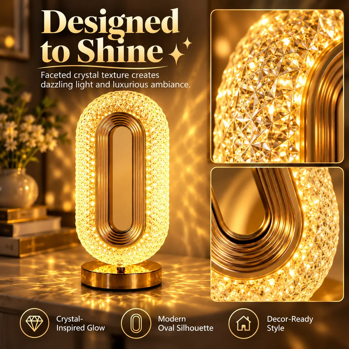 🎁Crystal Glow Bedside Lamp – 3-Color Dimmable Touch Light, USB-C Rechargeable
