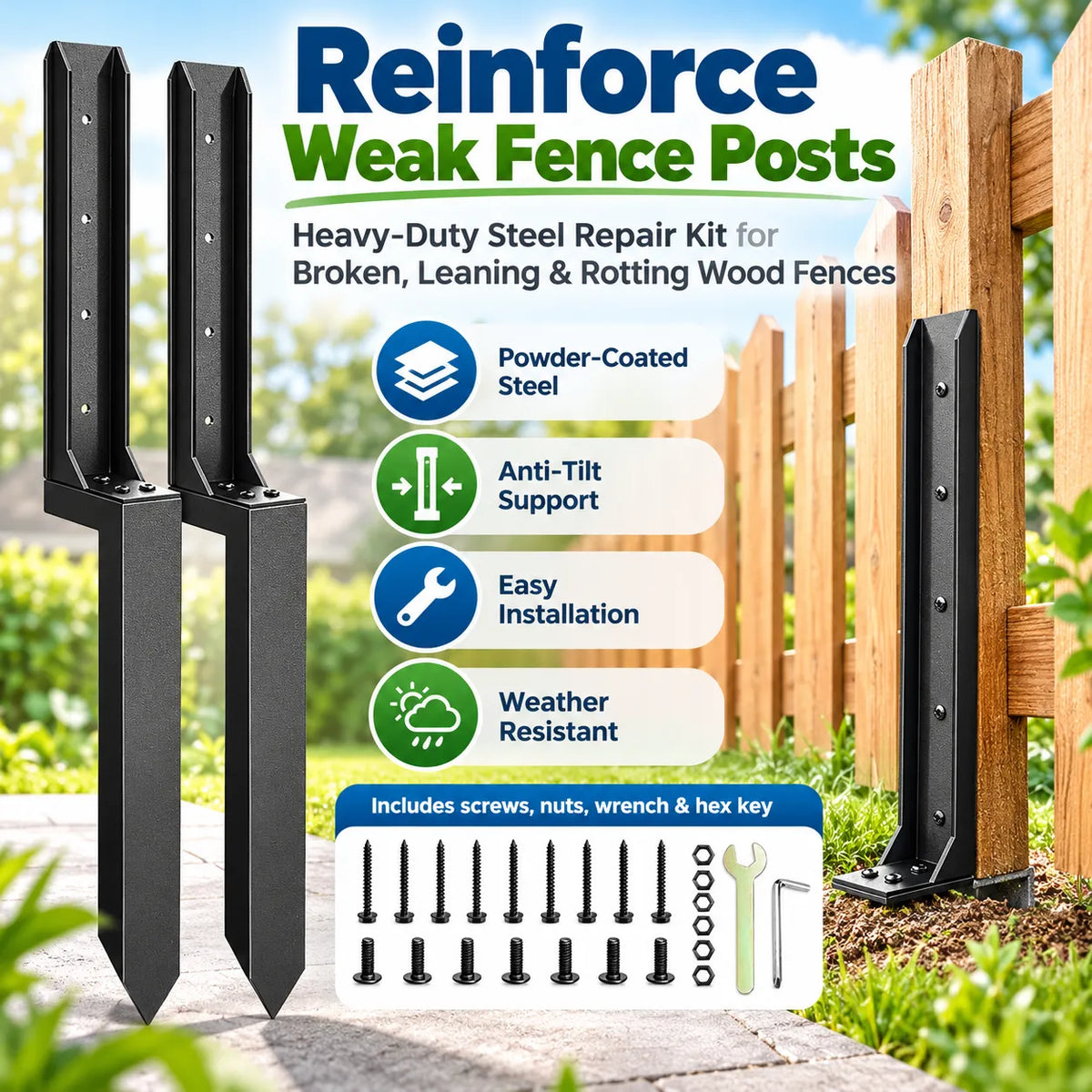 🎁2PCS Fence Post Repair Kit – Reinforced Fixing Kit with Screws & Tools