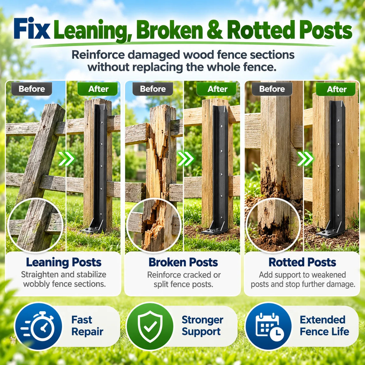 🎁2PCS Fence Post Repair Kit – Reinforced Fixing Kit with Screws & Tools