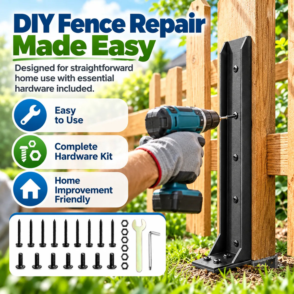 🎁2PCS Fence Post Repair Kit – Reinforced Fixing Kit with Screws & Tools
