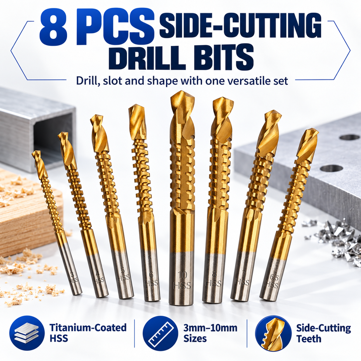 ❤️8-Piece Titanium-Coated HSS Side-Cutting Drill Bit Set – 3–10mm