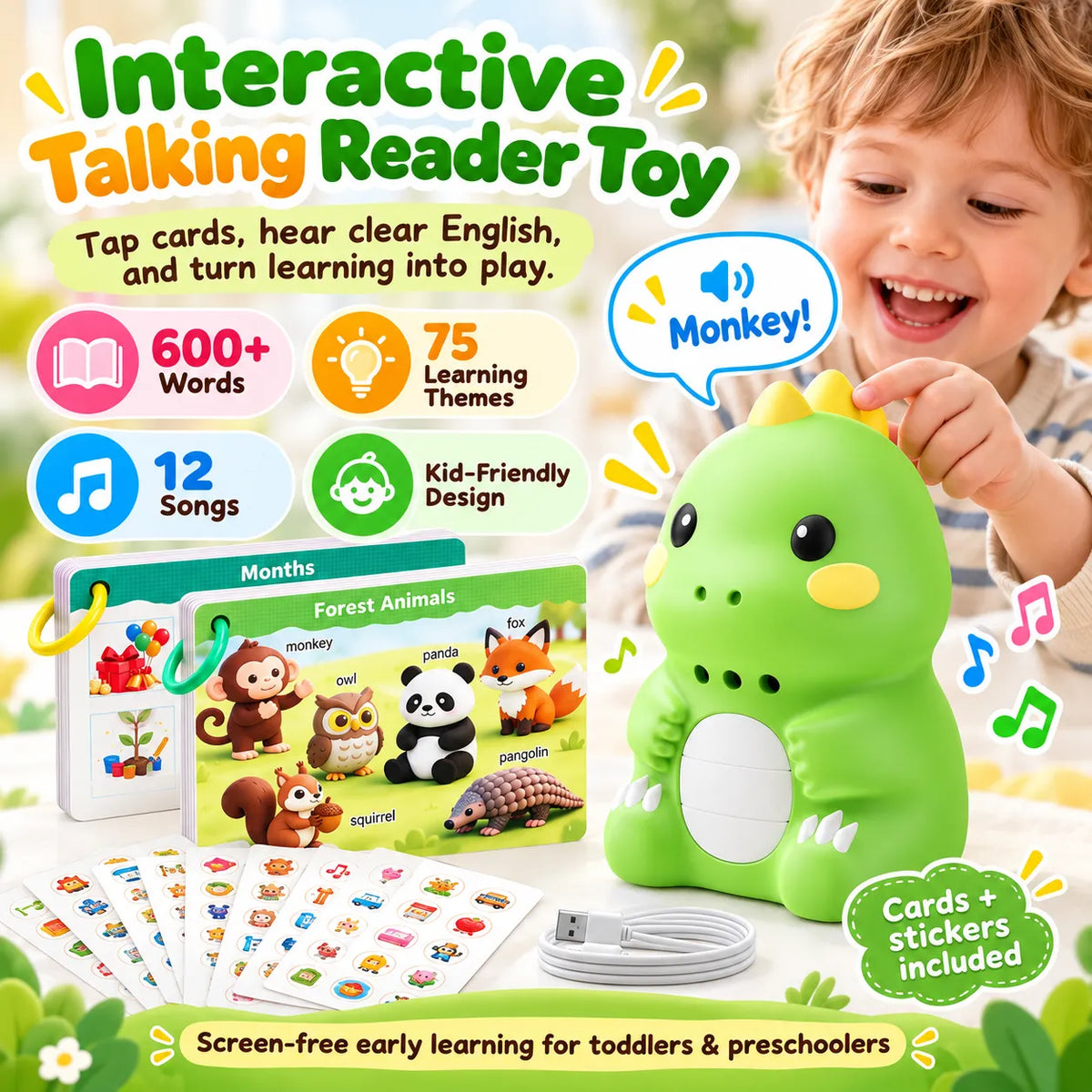 🎁Kids English Talking Pen Learning Set – Interactive Flashcards & Dinosaur Stickers