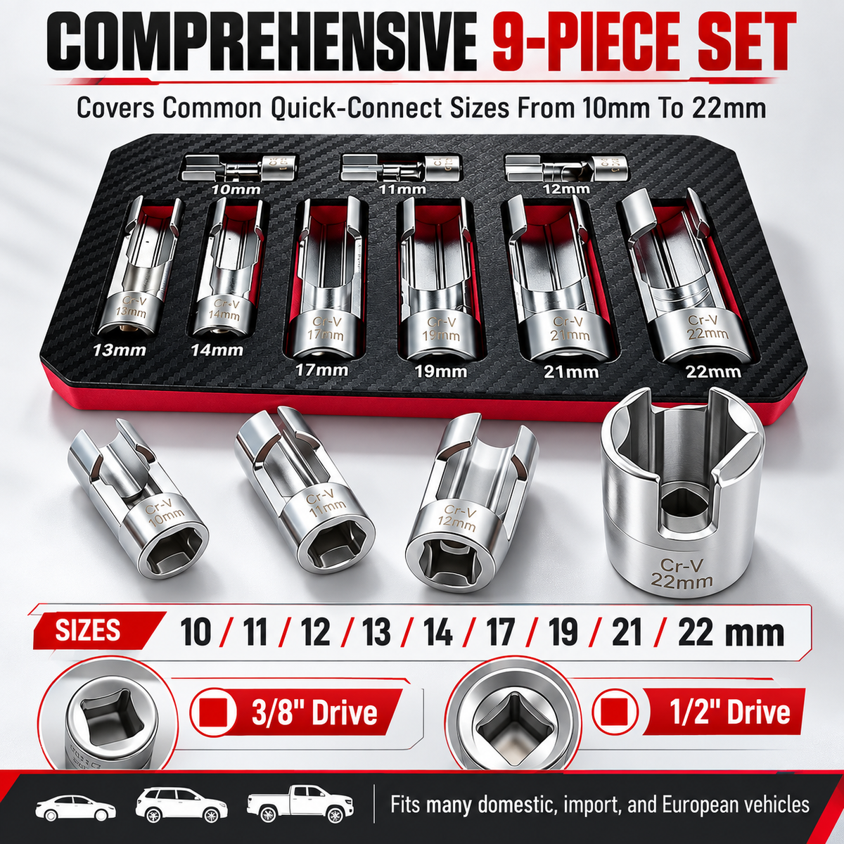 9-Piece Diesel Injector Socket Set, 3/8 and 1/2-Inch Drive