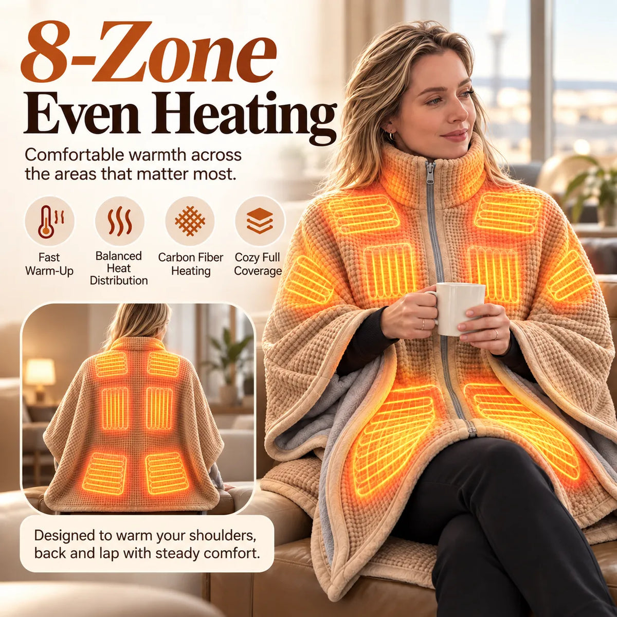 🎁USB Heated Blanket Shawl - 8-Zone Carbon Fiber Heating Throw
