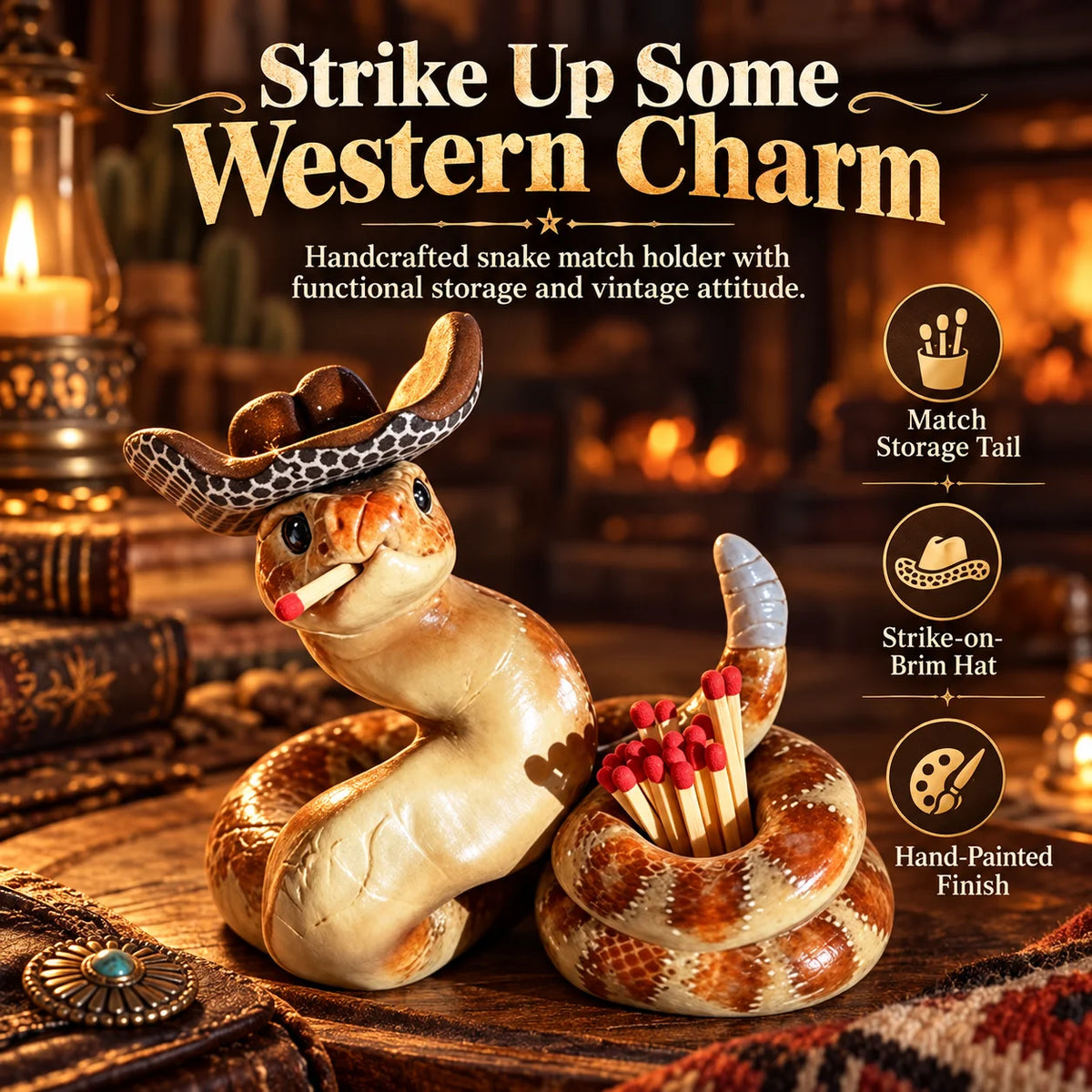 🎁Handcrafted Cowboy Snake Match Holder – Western Candle & Fireplace Decor