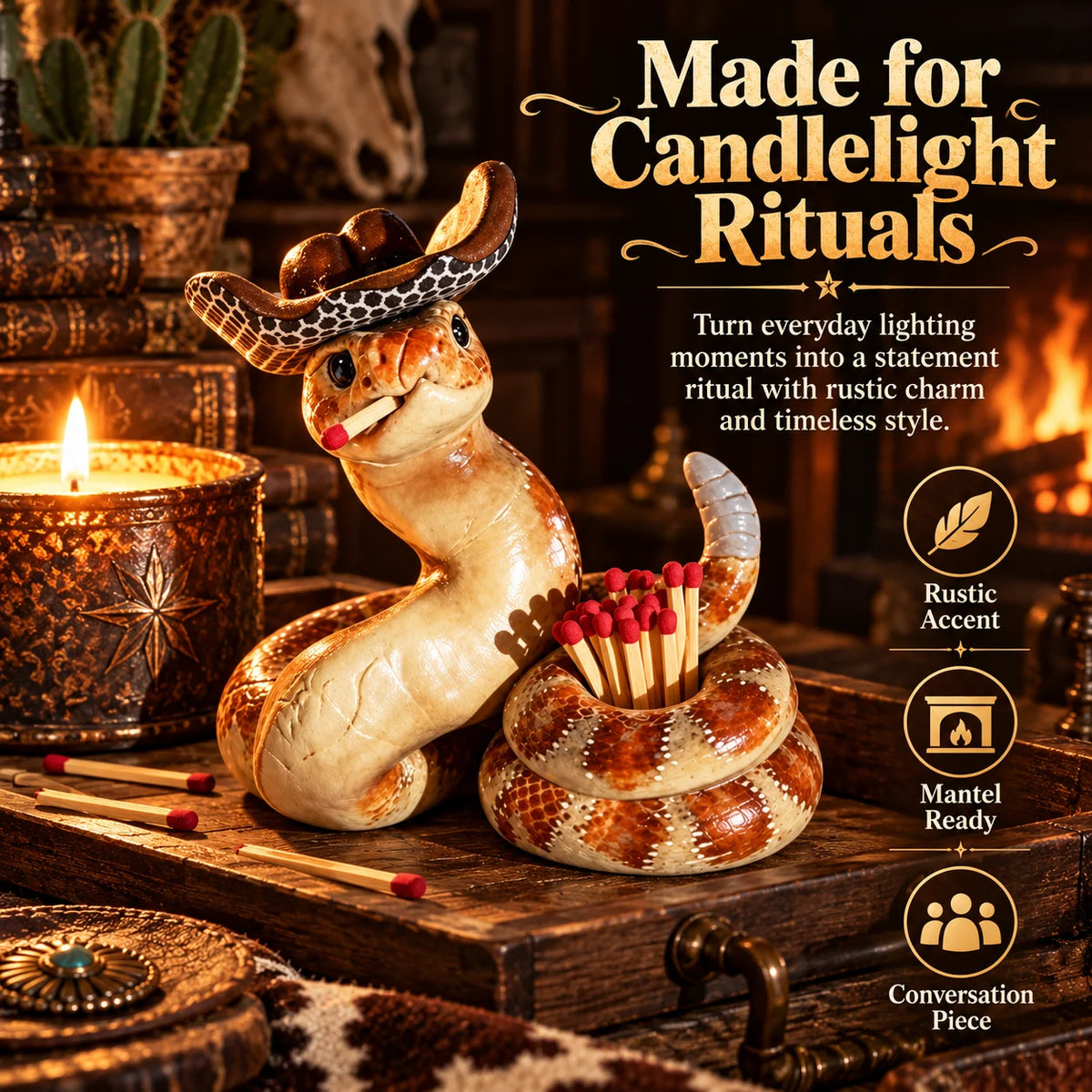 🎁Handcrafted Cowboy Snake Match Holder – Western Candle & Fireplace Decor