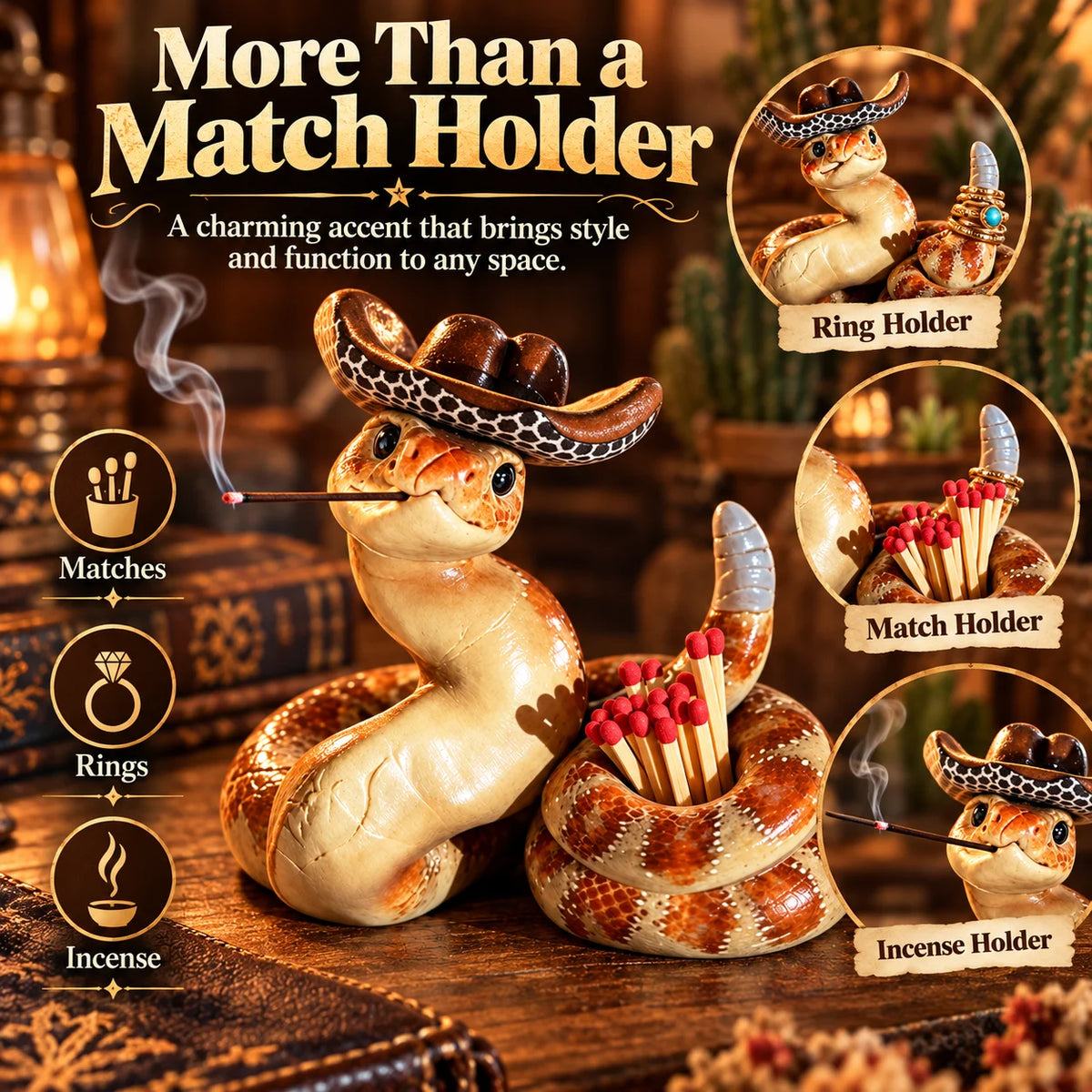 🎁Handcrafted Cowboy Snake Match Holder – Western Candle & Fireplace Decor