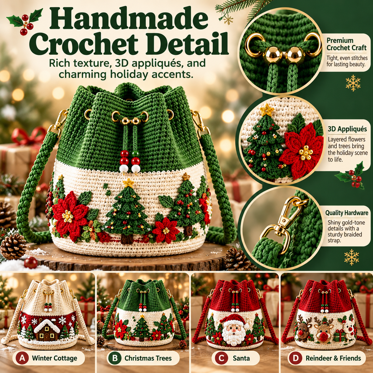 ❤️Handmade Christmas Crochet Bucket Bag