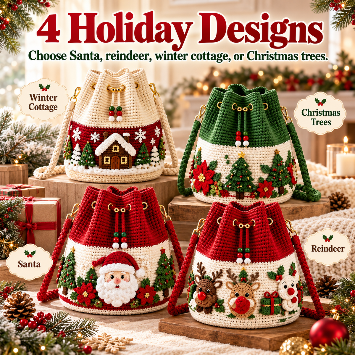 ❤️Handmade Christmas Crochet Bucket Bag