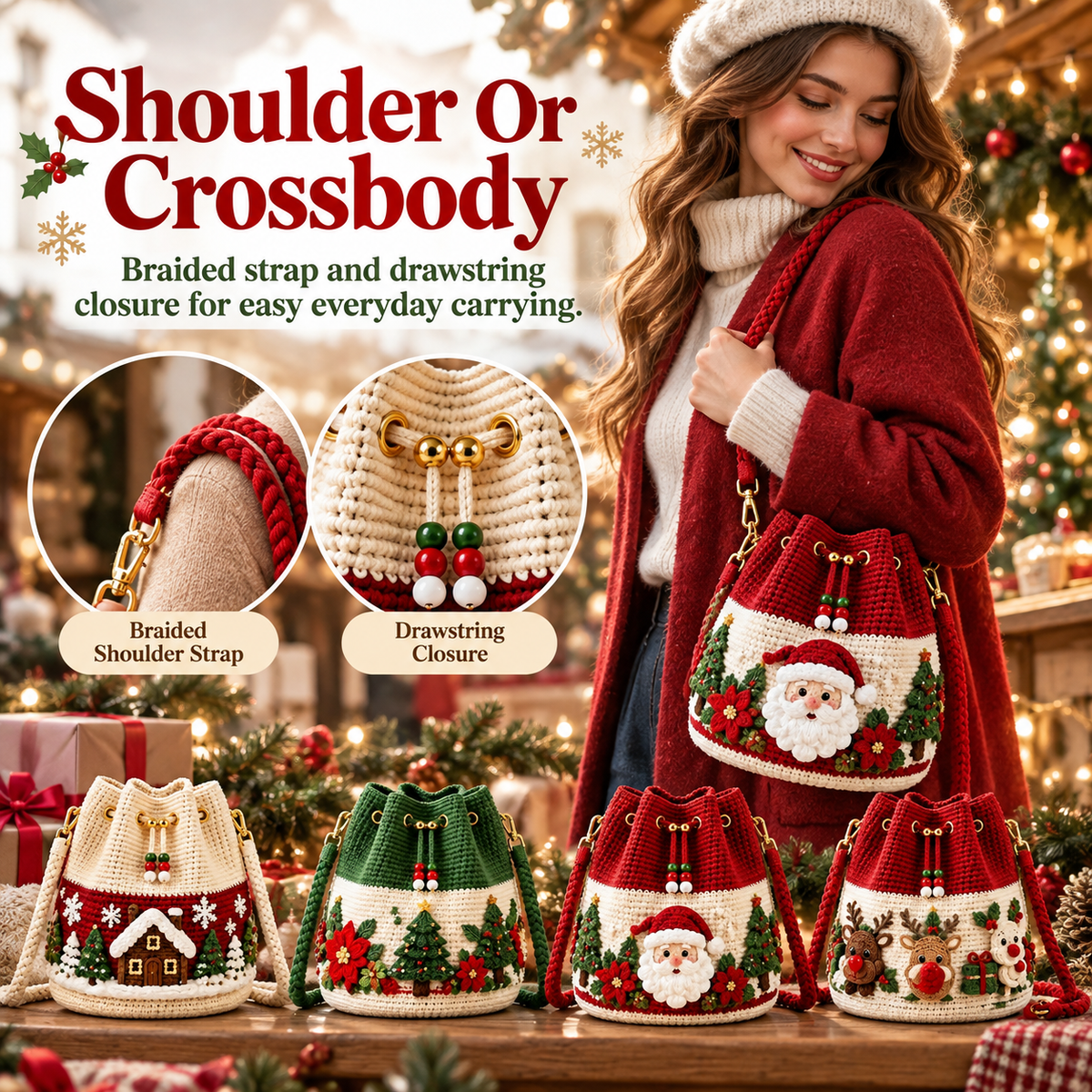 ❤️Handmade Christmas Crochet Bucket Bag