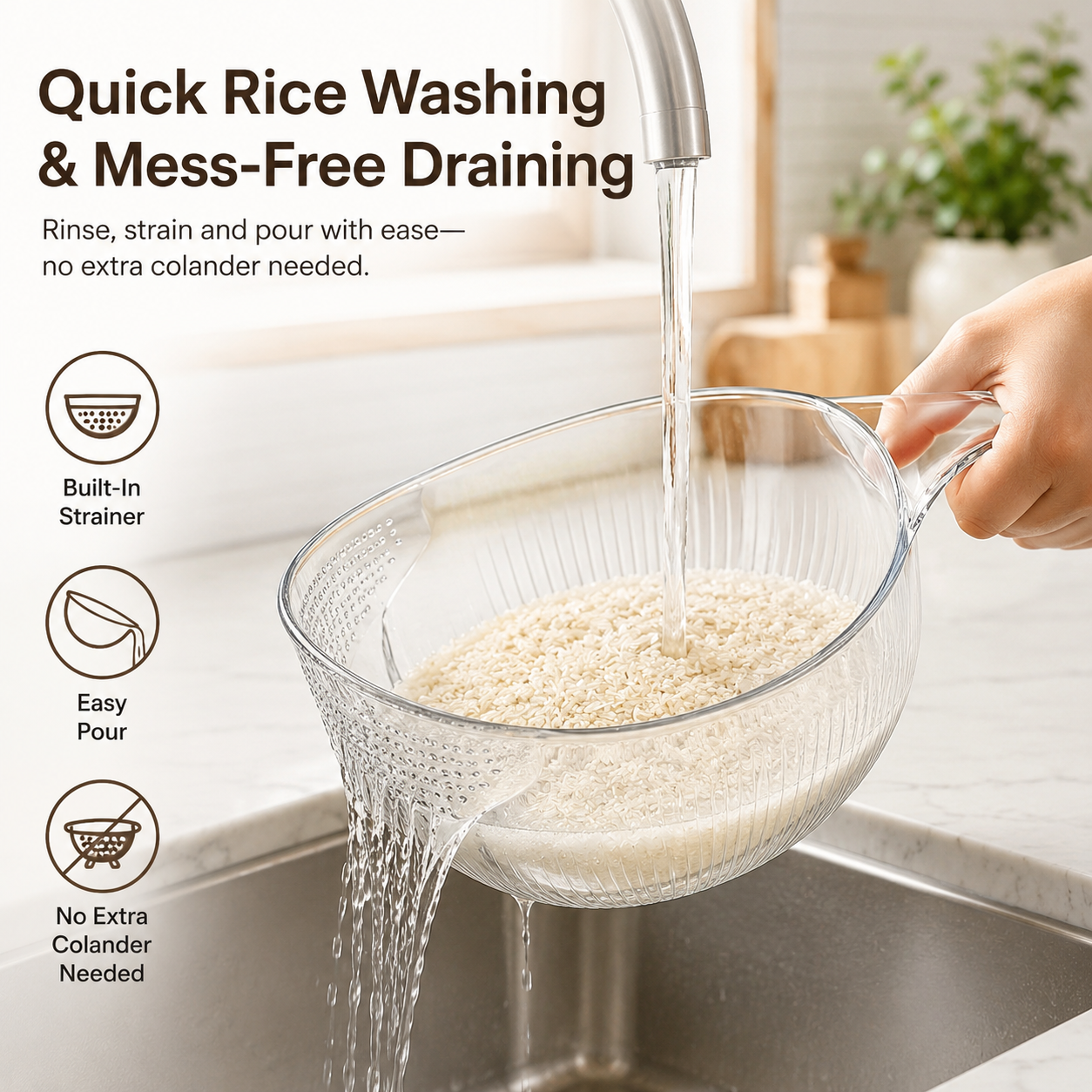 🍚Multi-Use Rice Strainer Bowl, BPA-Free Clear Colander with Handle