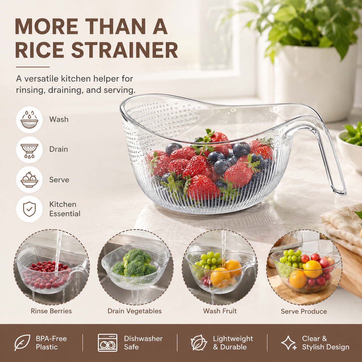 🍚Multi-Use Rice Strainer Bowl, BPA-Free Clear Colander with Handle