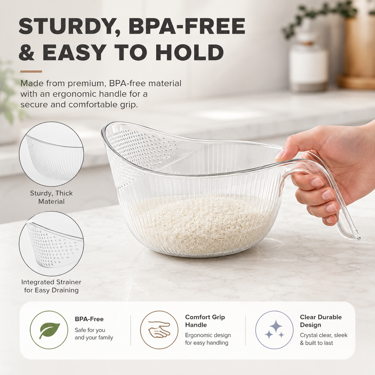 🍚Multi-Use Rice Strainer Bowl, BPA-Free Clear Colander with Handle
