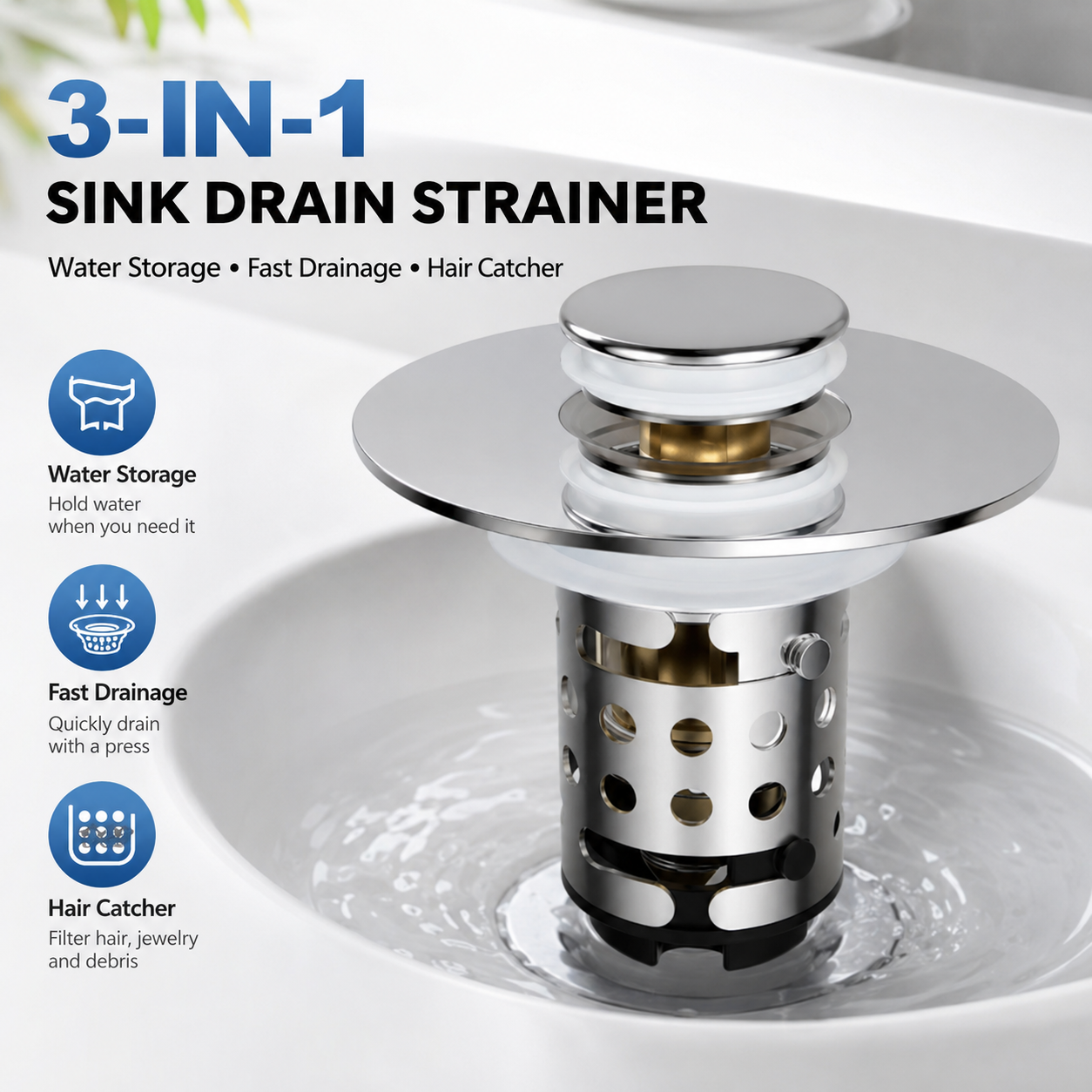 Upgraded Pop Up Sink Drain Stopper, Universal Basin Drain with Removable Hair Catcher Filter Basket