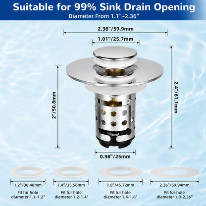 Upgraded Pop Up Sink Drain Stopper, Universal Basin Drain with Removable Hair Catcher Filter Basket