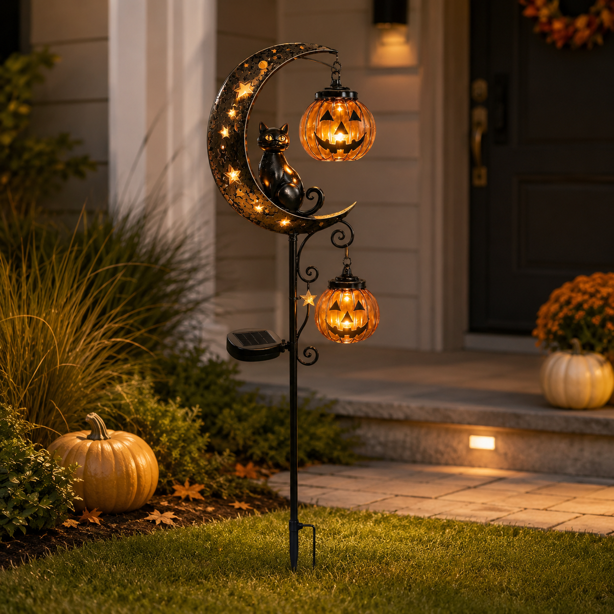 Solar Halloween Garden Stake Light with Glowing Pumpkin & Black Cat Outdoor Yard Decoration