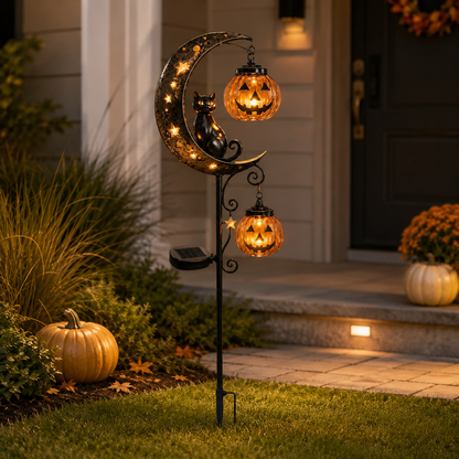 Solar Halloween Garden Stake Light with Glowing Pumpkin & Black Cat Outdoor Yard Decoration