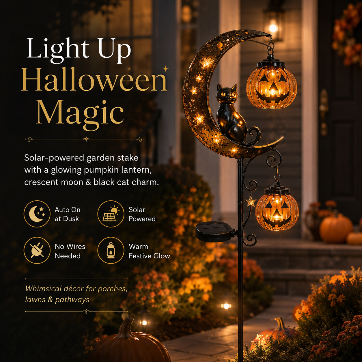Solar Halloween Garden Stake Light with Glowing Pumpkin & Black Cat Outdoor Yard Decoration