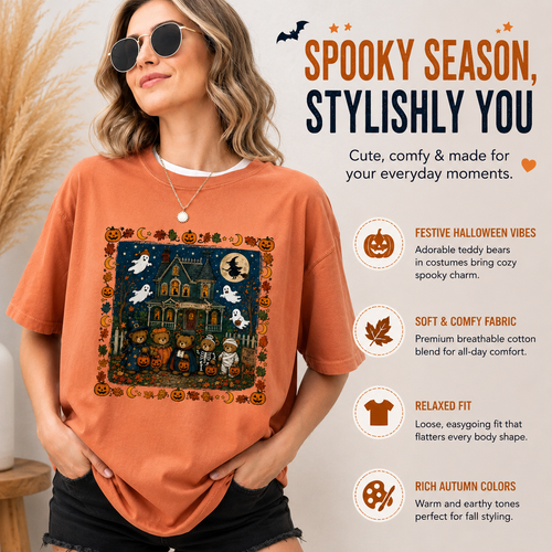 🎃 Vintage Halloween Bears Graphic Tee – Haunted House T-Shirt