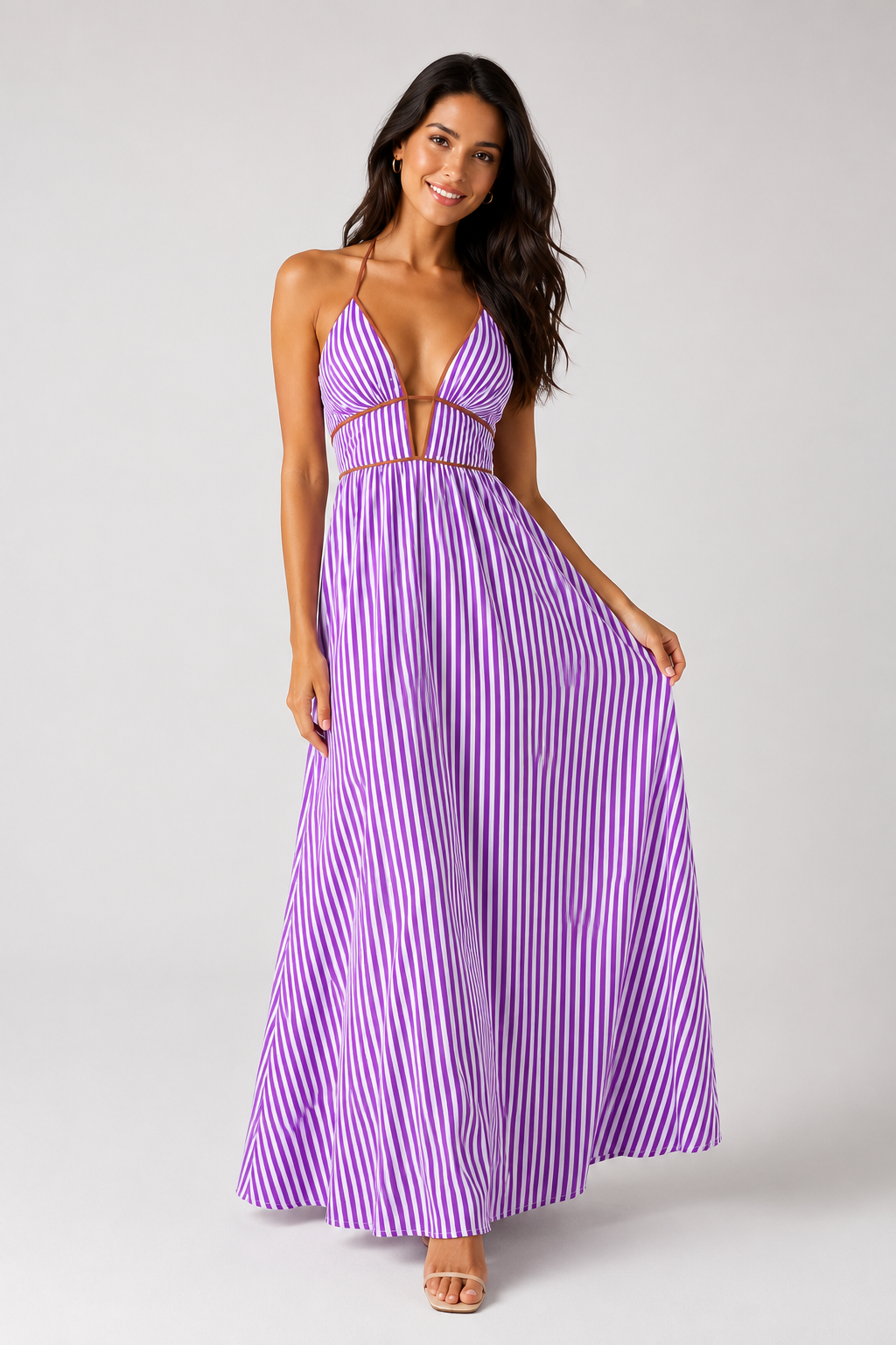 Damen Fließendes Gestreiftes Neckholder Maxikleid – Tiefes V-Ausschnitt Strandkleid