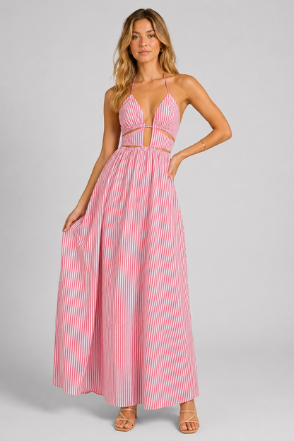 Damen Fließendes Gestreiftes Neckholder Maxikleid – Tiefes V-Ausschnitt Strandkleid